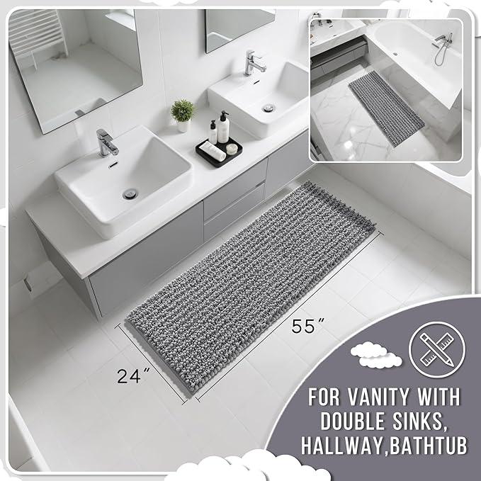 Yimobra Bathroom Runner Rug 55x24 Inch - Extra Long Non Slip Chenille Bath Mat, Soft & Absorbent, Machine Washable Shaggy Hallway Carpet for Vanity Tub Shower, Gray Home Decor Accessories - ModernBath