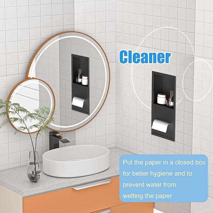 Black Toilet Paper Holder with Recessed Wall Niche for Storage,Stainless Steel in Wall Toilet Paper Dispenser with Shelf,15.9inX7.9inX4.9in (Matte Black) - ModernBath
