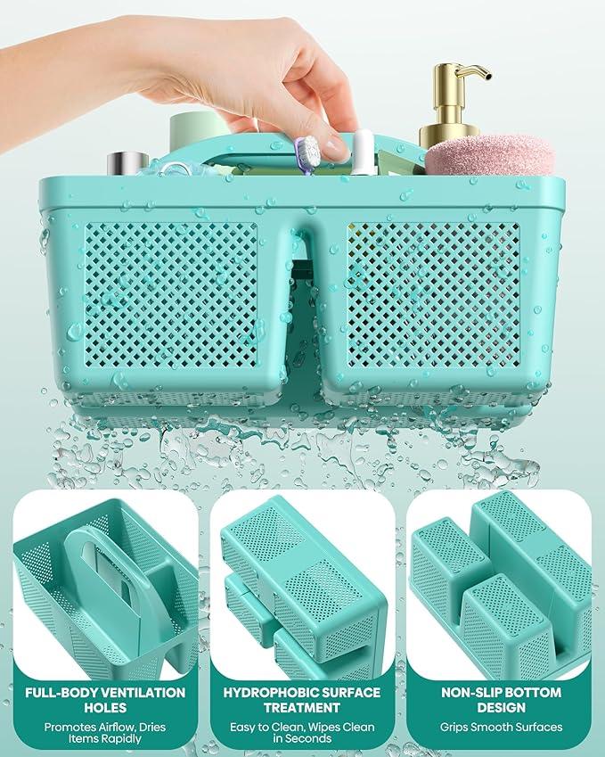 MLIKLU 4 Pack Portable Shower Caddy, Integrated Handle, Reinforced Plastic, Quick-Dry Ventilation Holes, Multi-purpose Storage Basket for Home, Dorm and Bathroom, Kitchen, Under Sink Storage, Cyan - ModernBath