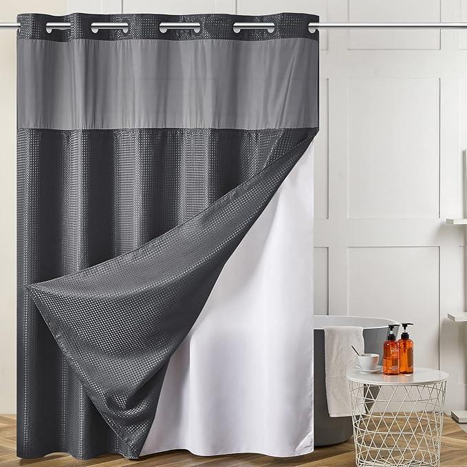 Furlinic Waffle Weave No Hook Shower Curtain with Snap in Liner,Heavy Duty Fabric Bathroom Curtain with See Through Window & Weighted Magnets,Waterproof & Machine Washable,Dark Grey,71x78 Inch - ModernBath
