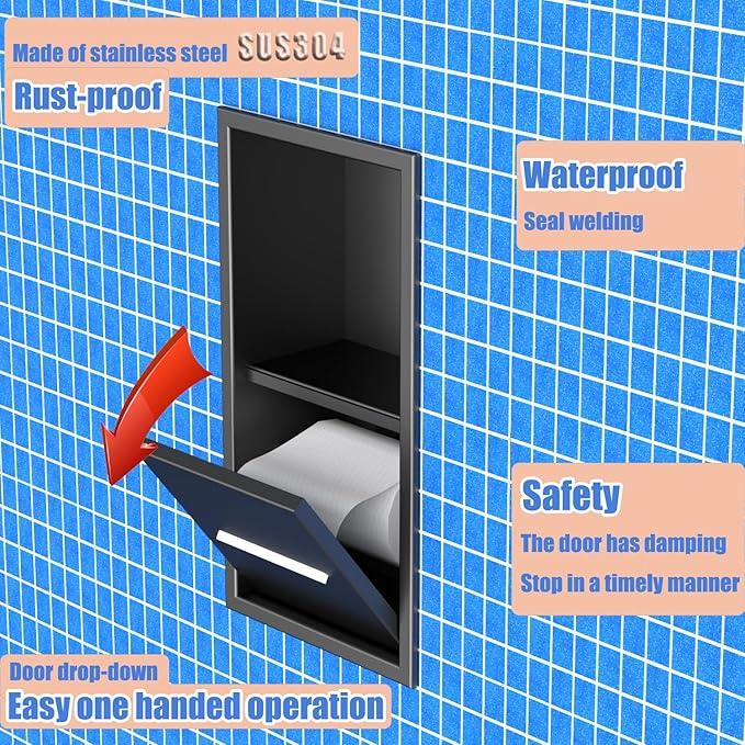 Black Toilet Paper Holder with Recessed Wall Niche for Storage,Stainless Steel in Wall Toilet Paper Dispenser with Shelf,15.9inX7.9inX4.9in (Matte Black) - ModernBath