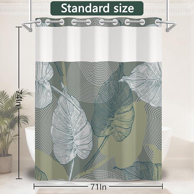 NAEMBCU No Hook Shower Curtain with Snap-in Liner, Tropical Gray-Green Watercolor Plant Bath Curtain with See Through Top, Waterproof Double Layer for Bathroom Decor, 71 x 74 Inch - ModernBath