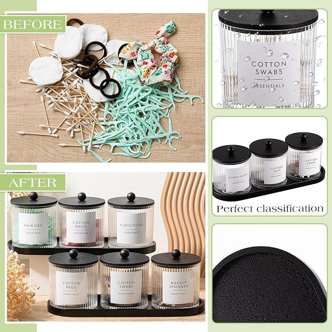 Vesici 6 Pack Bathroom Canisters Ribbed Apothecary Jars with Bamboo Lids 2 Bamboo Trays and 9 Label Stickers Cotton Swabs Holder Bathroom Organizer Storage Set Acrylic 18 oz Dispenser Container(Black) - ModernBath