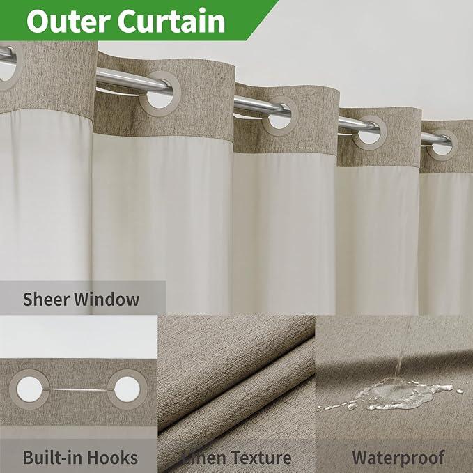 eachope Long No Hooks Needed Linen Textured Shower Curtain with Snap-in Fabric Liner Set,Hotel Luxury Decor Shower Curtains for Bathroom,Waterproof & Washable,71Wx80H,Khaki/Tan - ModernBath
