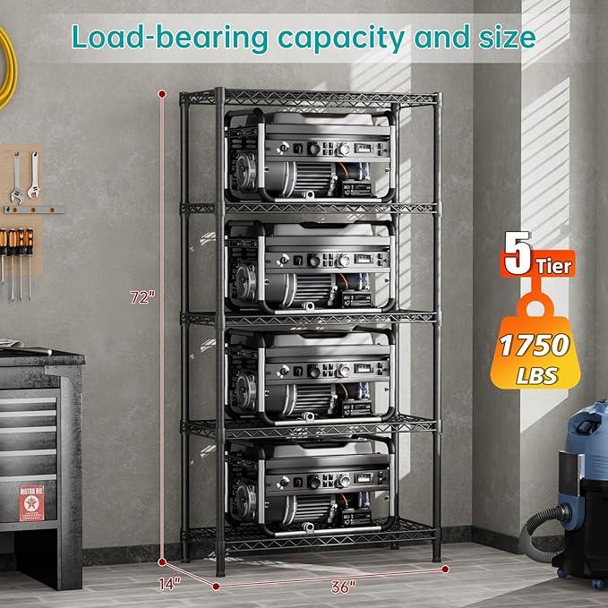 SINGAYE 5 Shelf Adjustable Heavy Duty Storage Shelving Unit 350 lbs per Shelf Steel Organizer Wire Rack Storage for Garage Office Pantry Ktichen Black 14" Dx36 Wx72 H - ModernBath