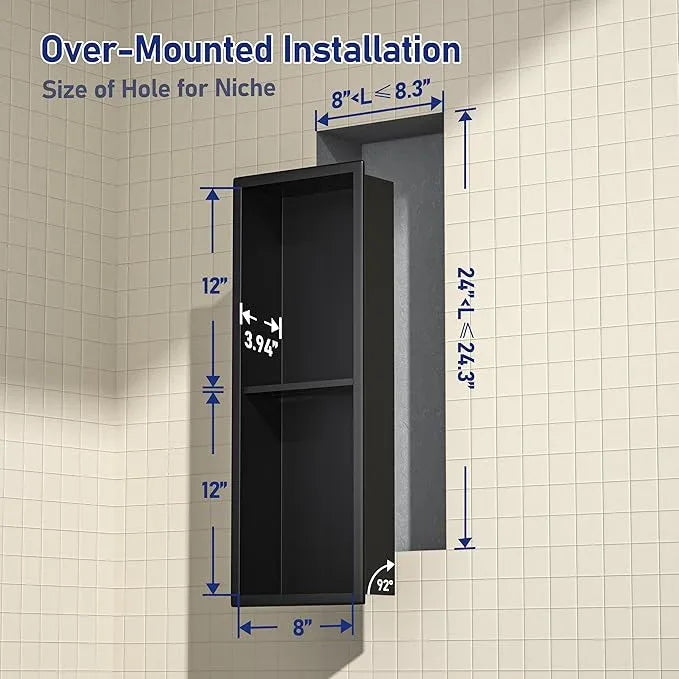 Stainless Steel Shower Niche Matte Black 8"×24" with 2-Tiers Shelf No Tiled Needed Niche Shower for Bathroom Wall Storage Recessed Metal Shower Shelf Over-Mounted Installation - ModernBath
