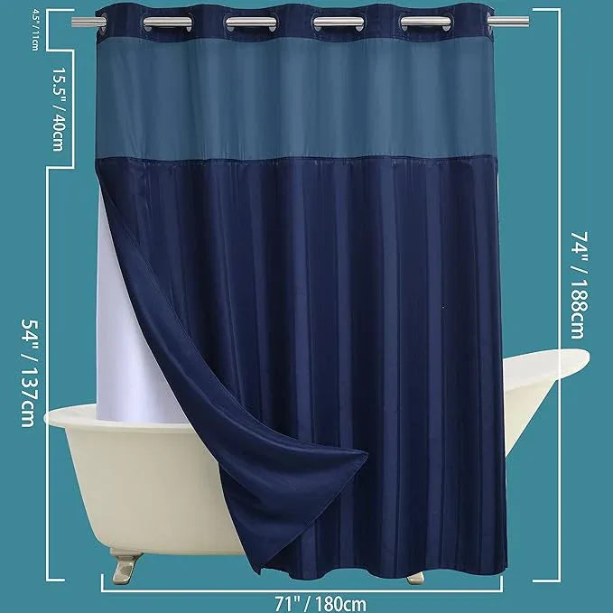 Conbo Mio No Hook Waffle Weave Shower Curtain with Snap in Liner Set, Hotel Luxury Dark Blue Shower Curtains for Bathroom with See Through Top Window, Waterproof, Washable 71W x 74H Stripe - ModernBath