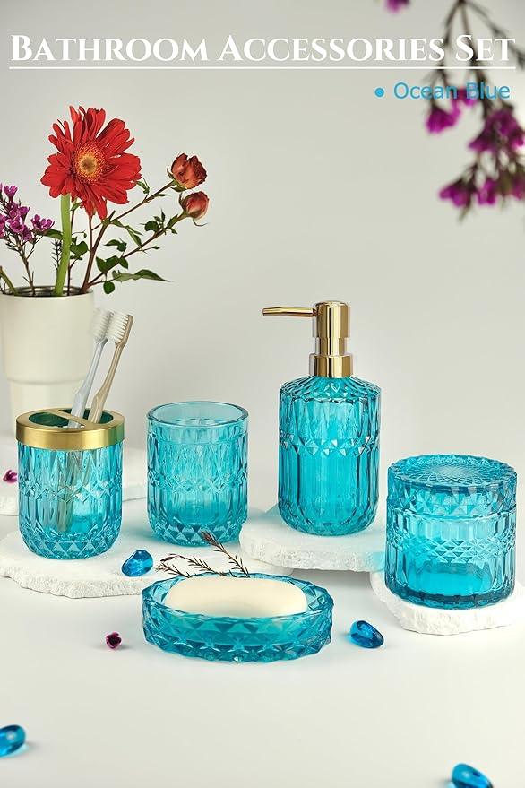 LaMarriti Teal Blue Bathroom Accessories Set, 5Pcs Clear Glass Bathroom Accessories, Hand Soap Dispenser Set, Soap Dish, Toothbrush Holder, Tumbler, Qtip Holder for Crystal Vantage Bathroom Decor - ModernBath