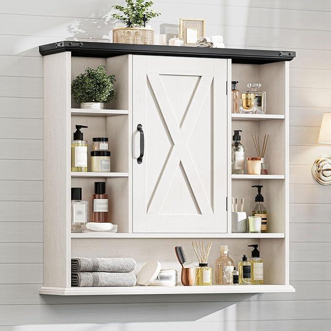 Bathroom Wall Cabinet, Farmhouse Medicine Cabinet with Adjustable Shelves and Barn Doors, Large Wall Mounted Over the Toilet Storage Cabinet for Bathroom, Laundry Room, Kitchen, Rustic White and Black - ModernBath