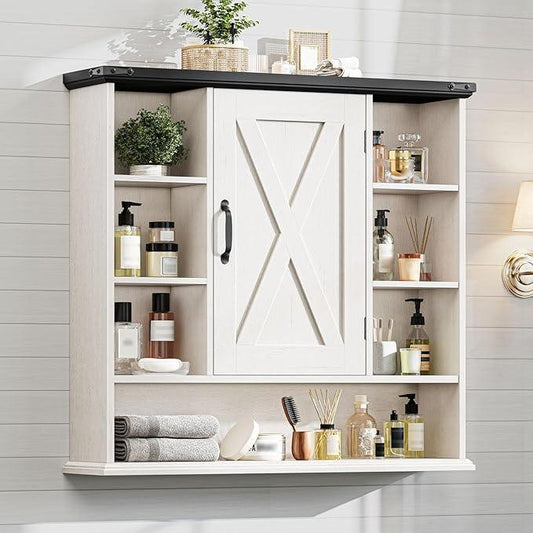 Bathroom Wall Cabinet, Farmhouse Medicine Cabinet with Adjustable Shelves and Barn Doors, Large Wall Mounted Over the Toilet Storage Cabinet for Bathroom, Laundry Room, Kitchen, Rustic White and Black - ModernBath