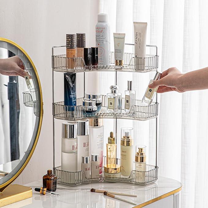 shuang qing 3-Tier Corner Bathroom Counter Organizer – Classic Storage Shelf for Makeup, Perfume & Toiletries, Space-Saving Countertop Tray Fits Bathroom, Dresser, Kitchen (Slate Gray) - ModernBath