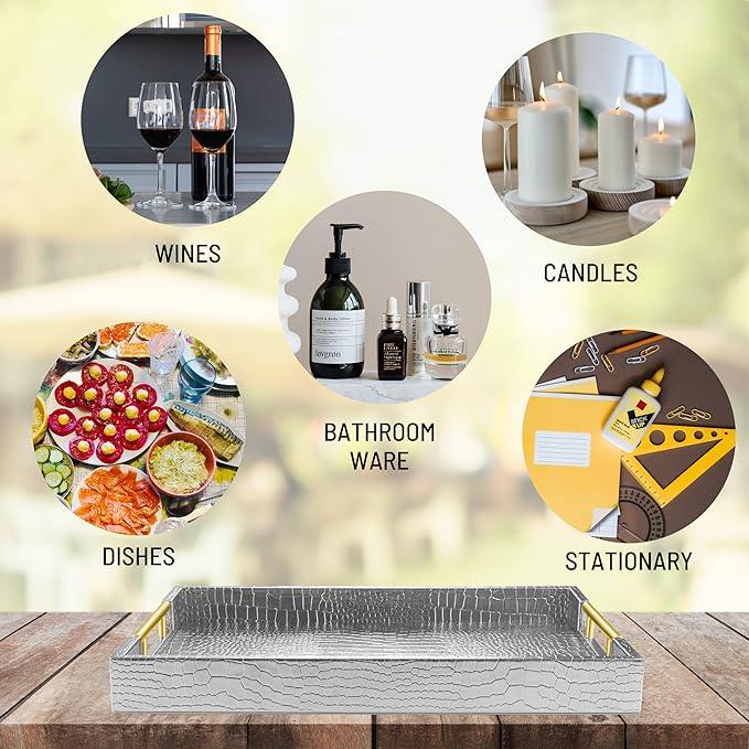 ATZYmolin 17" x 12" Wood Serving Tray with Gold Polished Metal Handles, Home Decorative Wooden Rectangle Ottoman Leather Decor Platter Bathroom Vanity Tray for All Occasions Alligator Silvery - ModernBath
