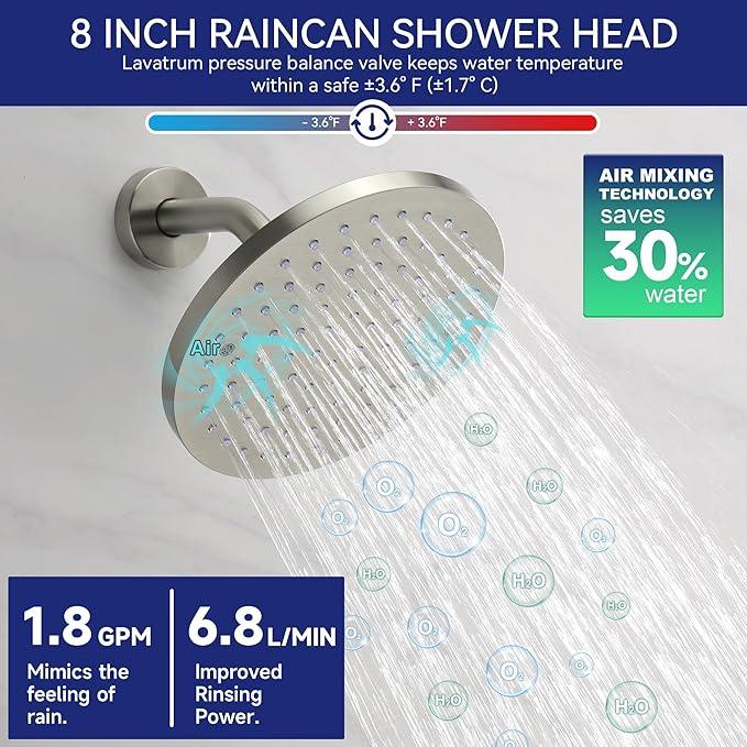 Lavatrum Brush Nickel Shower Head and Handle Set Single Spray Premium Wall Mount 8 Inch Rainfall Round Shower Faucet with Rough-in Valve and Trim Kit for Bathroom（1.8GPM) - ModernBath