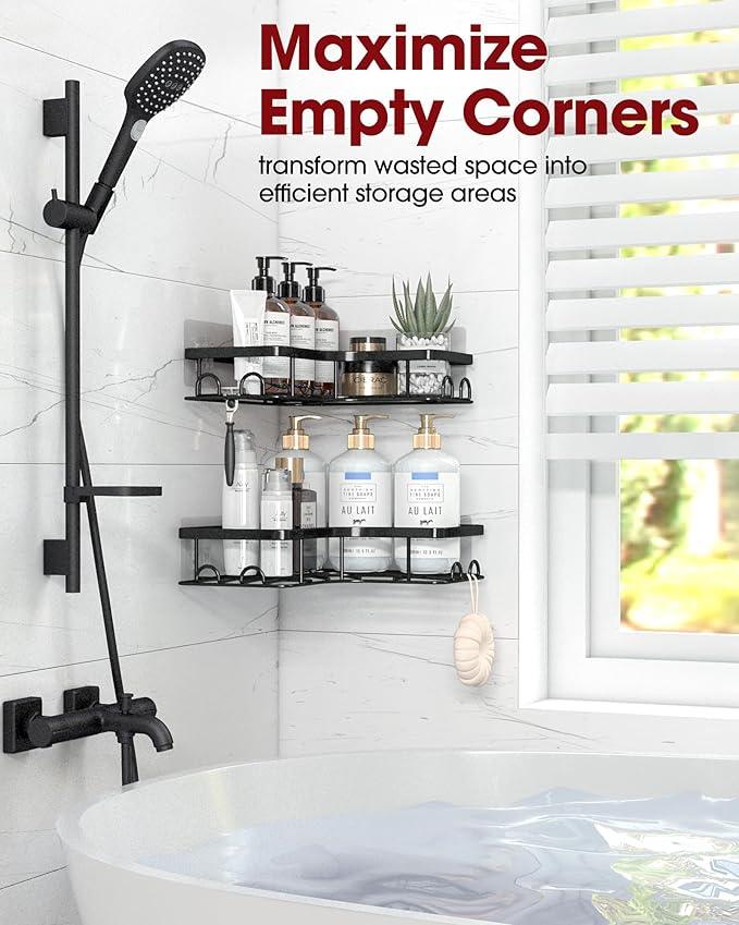 Corner Shower Caddy - 2 Pack, Adhesive Shower Organizers, Rustproof Stainless Steel Shower Shelves with 8 Hooks, No Drilling Bathroom Organizers and Storage Racks, Space-Saving, Black,Medium - ModernBath