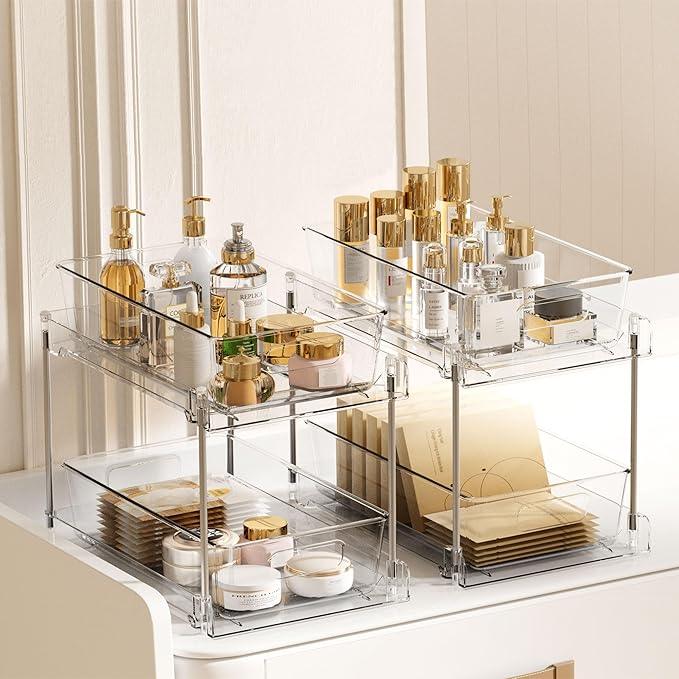 Vtopmart 8 Pack Bathroom Organizer, 2 Tier Clear Under Sink Organizers Vanity Countertop Storage Container,Cabinet Drawers Bins, Pull-Out Organization with Track for Pantry, Kitchen - ModernBath