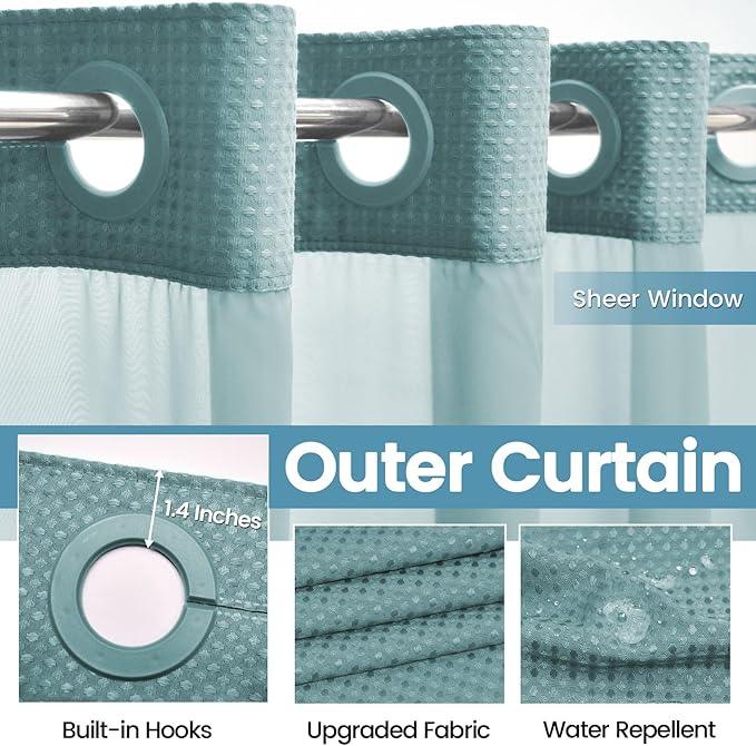 EUTXL Teal Stall No Hook Shower Curtain with Snap in Liner,230GSM Waffle Weave Shower Curtains for Bathroom,54W x 80H - ModernBath