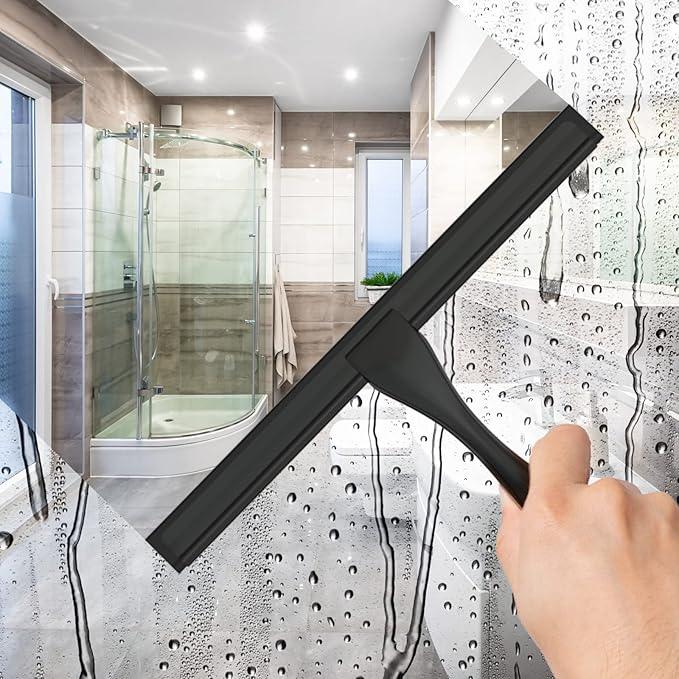 All-Purpose Stainless Steel Shower Squeegee for Shower Doors with 2 Adhesive Hooks, Bathroom Cleaner Tool Household Window Mirror Squeegee for Home Cleaning, Glass Door, Tile Wall, Car, 14 Inch Black - ModernBath