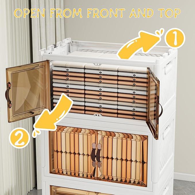 Storage Bins with 2 Lids and Wheels, 990QT-165QT*6Tier Collapsible Bathroom Storage Cabinet with Clear Doors, Plastic Stackable Closet Organizers and Containers White - ModernBath