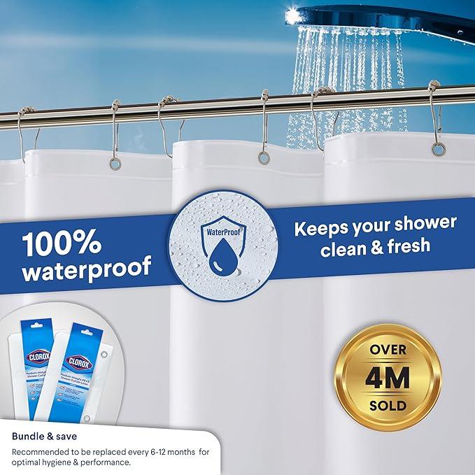 CLOROX Shower Curtain Liner, Premium Lightweight Flexible Waterproof 6g PEVA for Bathroom with Weighted Magnets, Standard Size 72" x 72", White 2 Pack - ModernBath