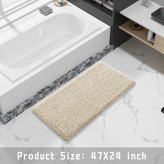 Yimobra Luxury Bathroom Rugs, Fluffy Bath Mats, Non Slip, Water Absorbent Microfiber, Machine Washable, Plush Runner Shower Rugs, Thick Matts for Bathroom Floor/Tub, 47"x 24", Light Beige and White - ModernBath