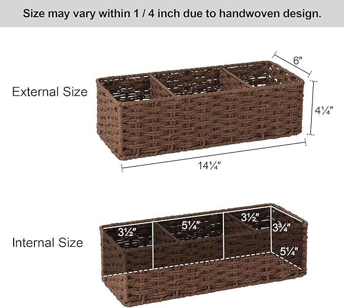 StorageWorks 3-Section Wicker Baskets for Shelves, Hand-Woven Round Paper Rope Storage Baskets, Walnut, 2-Pack - ModernBath