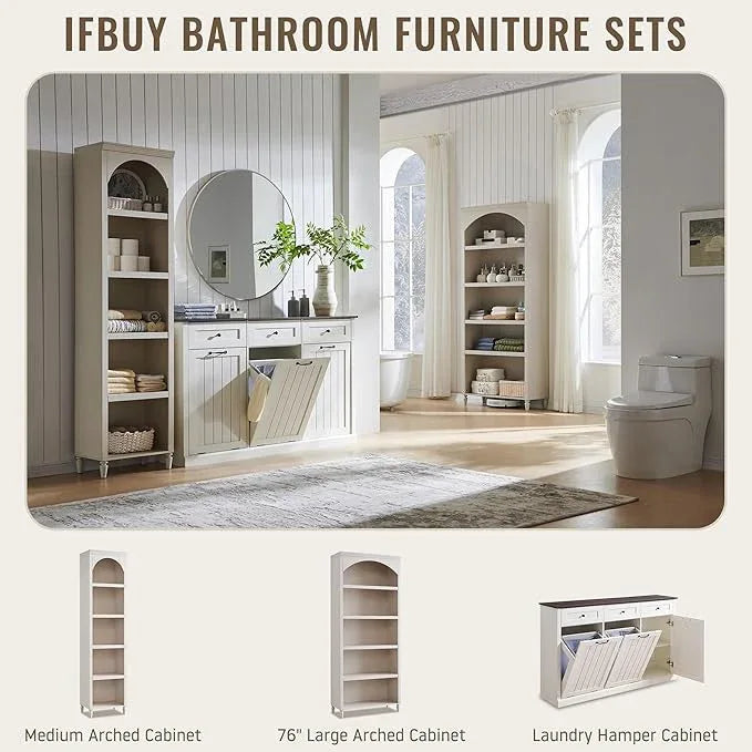 Triple Tilt Out Laundry Hamper Cabinet, 20 Gallon Farmhouse Trash Can Cabinet w/Drawer & Adjustable Shelf, Hidden Garbage Can Bin Cabinets w/Laundry Basket for Bathroom, Kitchen (Antique White) - ModernBath
