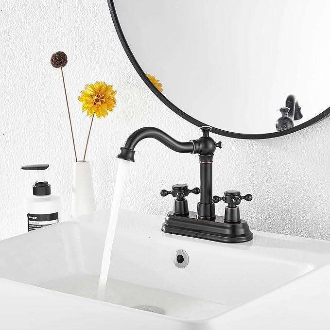 Bathroom Faucet Oil Rubbed Bronze GGStudy 2 Handles 4 Inches Centerset Bathroom Vanity with Drain Assembly and Supply Hose Lavatory Mixer Double Handle Tap - ModernBath