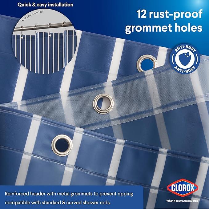 CLOROX Shower Curtain Liner, Premium Striped Medium-Weight Durable Waterproof 6g PEVA for Bathroom with Weighted Magnets, Printed Standard Size 72" x 72", Navy - ModernBath