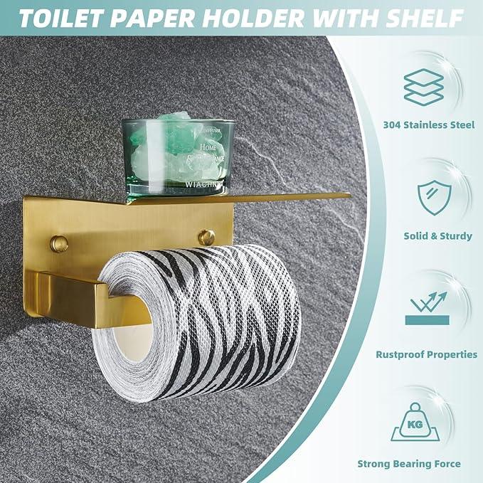 Toilet Paper Holder with Shelf Brushed Gold, APLusee SUS 304 Stainless Steel Modern Bathroom Accessories Tissue Roll Dispenser Storage - ModernBath