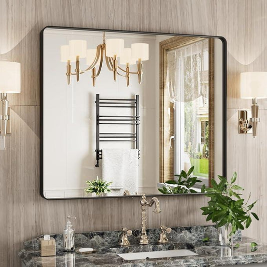 JISOSO Black Bathroom Mirror 30X36 Inch, Black Metal Framed Mirror for Wall, Rounded Rectangle Matte Bathroom Vanity Mirror with Tempered Glass, Anti-Rust, Horizontal/Vertical - ModernBath