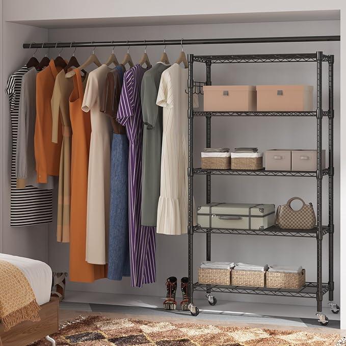 Homdox 5 Tier Metal Storage Shelves with Wheels, Heavy Duty Wire Shelving Unit, Adjustable Storage Racks with Side Hooks for Bathroom Kitchen Garage Pantry Organization, Black - ModernBath