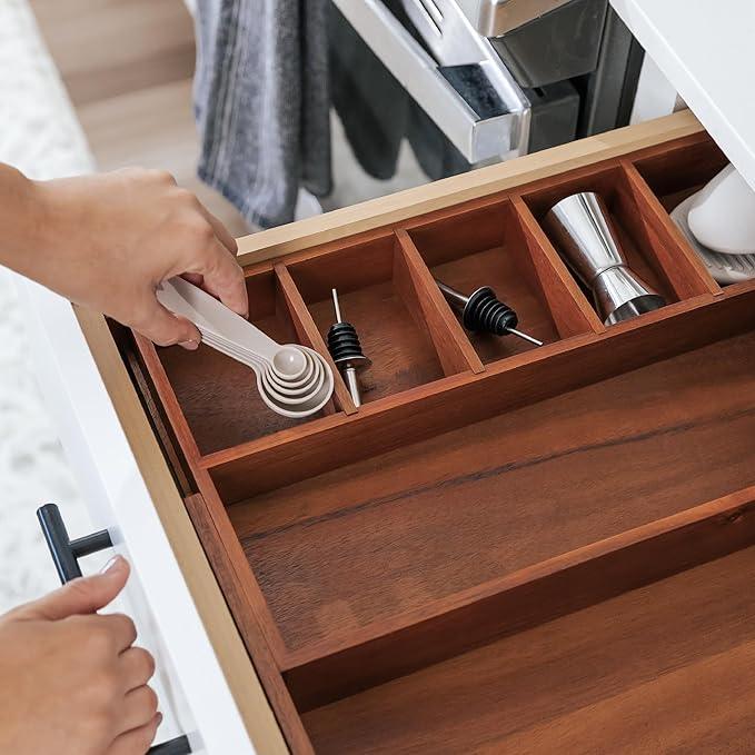 KitchenEdge Adjustable Kitchen Drawer Organizer for Utensils and Junk, Food-Safe Contract Grade with 100% Sustainable Wood, Non-Slip, Expandable from 10.5 to 18.5 Inches Wide - Natural Acacia - ModernBath