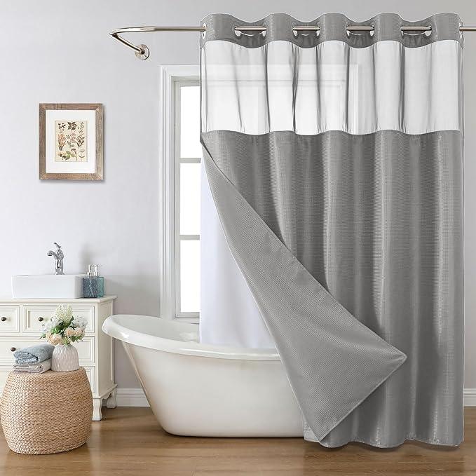 eachope Grey No Hook Shower Curtain with Snap-in Fabric Liner Set,Waffle Weave Shower Curtains for Bathroom,Hotel Luxury Decor Bathroom Curtain Set,Waterproof & Washable,71Wx77H - ModernBath