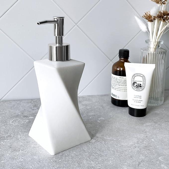 Modern White Soap Dispenser with Silver Pump for Bathroom and Kitchen, Contemporary Art Style, Matte Finish, Rust Proof, 8.5oz (Arctic White) - ModernBath