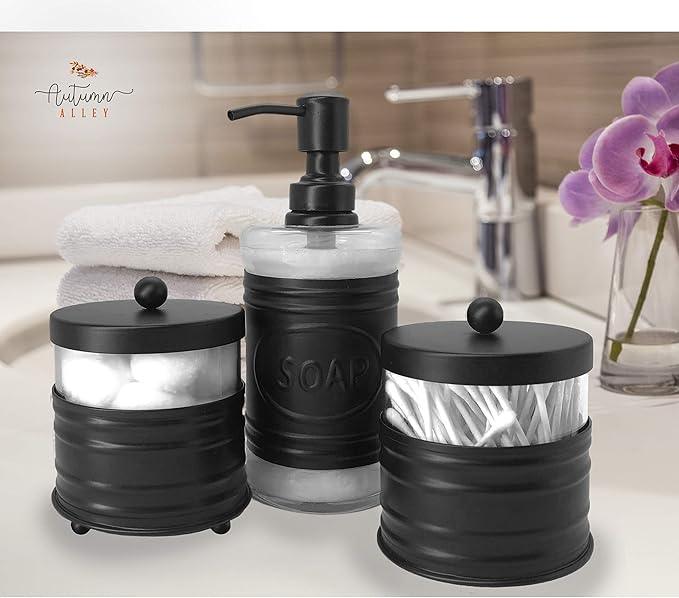 Autumn Alley Adorable 3 Piece Modern Farmhouse Bathroom Accessory Set for Sink/Vanity - Matte Black Soap Dispenser, Cotton Ball Container with Lid, Qtip Organizer – Rustic Farmhouse Bathroom Decor - ModernBath