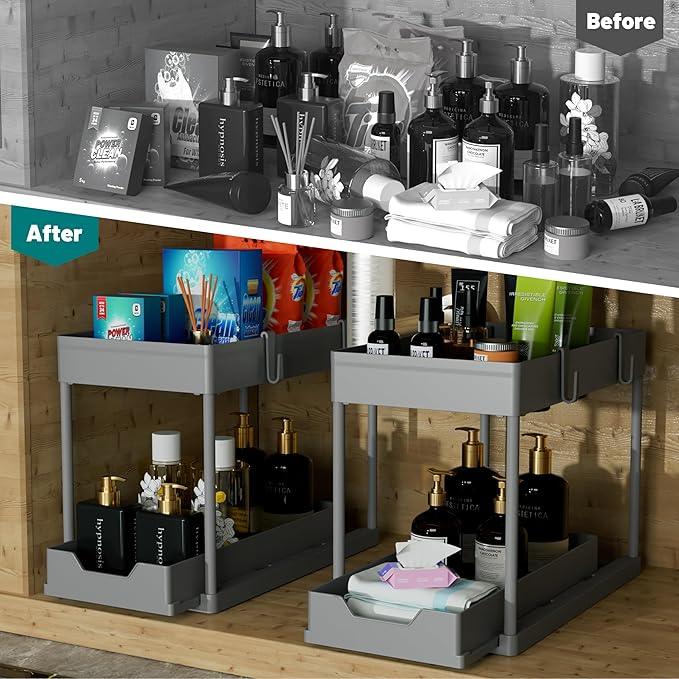 DEKAVA Under Sink Organizer 2 Pack，Bathroom Cabinet Organizer，2 Tier Sliding Cabinet Basket Organizer Drawer, Multi-Purpose Bath Collection Baskets for Bathroom (Grey) - ModernBath