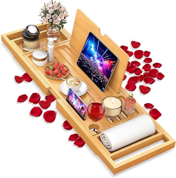 Premium Bamboo Bathtub Caddy Tray with Extending Sides, Adjustable Wood Bath Tray for Luxury Bath, Fits Most Tubs, Accessories Gift Idea - ModernBath