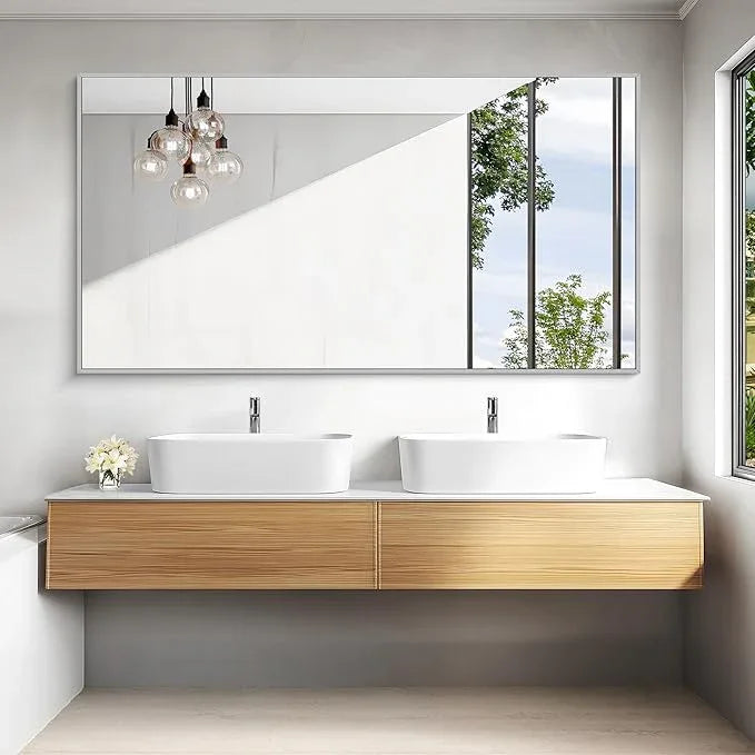 KOCUUY Silver Bathroom Mirror, 60"x30" Large Rectangle Bathroom Mirror for Wall, HD Tempered Glass, Anti-Rust Brushed Silver Frame, Modern Design for Bathroom, Bedroom, Hang Horizontal/Vertical - ModernBath