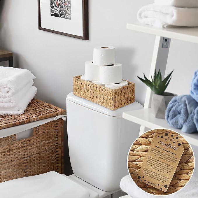 Casafield Set of 2 Bathroom Storage Baskets, Natural - Water Hyacinth, 16" W x 6.75" D x 4.25" H, Woven Toilet Tank Topper Bins for Organizing Tissues, Toilet Paper, Toiletries, Shelves - ModernBath