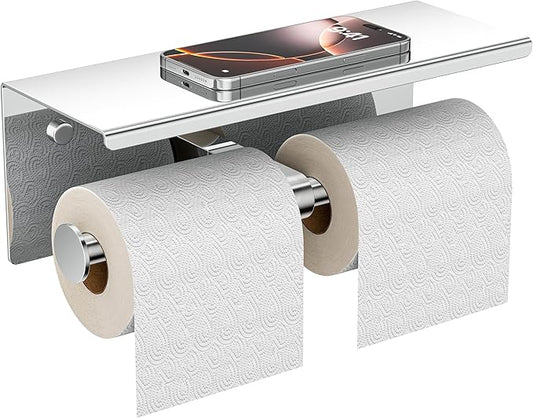 FORIOUS Double Toilet Paper Holder with Shelf, Wall Mount Tissue Roll Holder for Bathroom, 304 Stainless Steel Commercial Toilet Tissue Dispensers with Phone Shelf (1, Chrome)