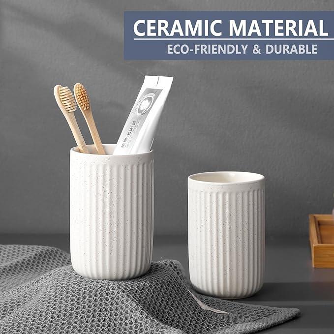 BSDISP Toothbrush Holders for Bathrooms - 1 Cups Ceramic Toothbrush Toothpaste Holders, Beige Bathroom Tumbler Cups Reusable Toothbrush Mouthwash Cup, Bathroom Counter Organizer - ModernBath