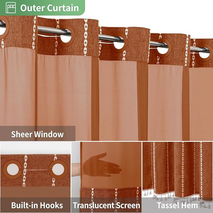 eachope No Hook Extra Long Shower Curtain Set with Snap-in Liner,Linen Textured Thick Striped Fabric with Tassels,Boho Chic Modern Farmhouse Bathroom Curtain,Water-Repellent,Orange,71x86 - ModernBath