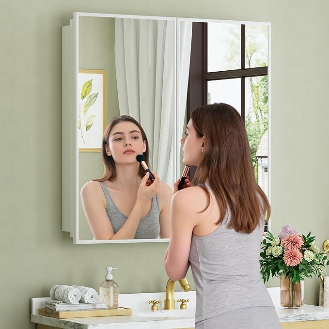 Buruis 30" x 30" Framed Medicine Cabinet with Mirror, Recessed or Wall Mounted Bathroom Cabinet, Adjustable Tempered Glass Shelves, Left/Right Open Reversible, No Assembly Required, White - ModernBath