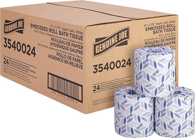 Genuine Joe Embossed Bath Tissue, 2-Ply, Septic Safe, Individually Wrapped, 4" x 3.75", 400 Sheets/Roll, 24 Count - ModernBath