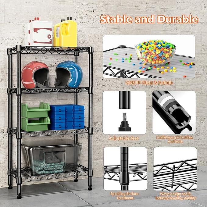 1000 lbs 4 Tier Shelf Metal Storage Shelves Wire Rack Closet Organizers with PP Board for Garage Kitchen Bathroom Laundry Black 11.8" D x 21.7" W x 39.5" H - ModernBath