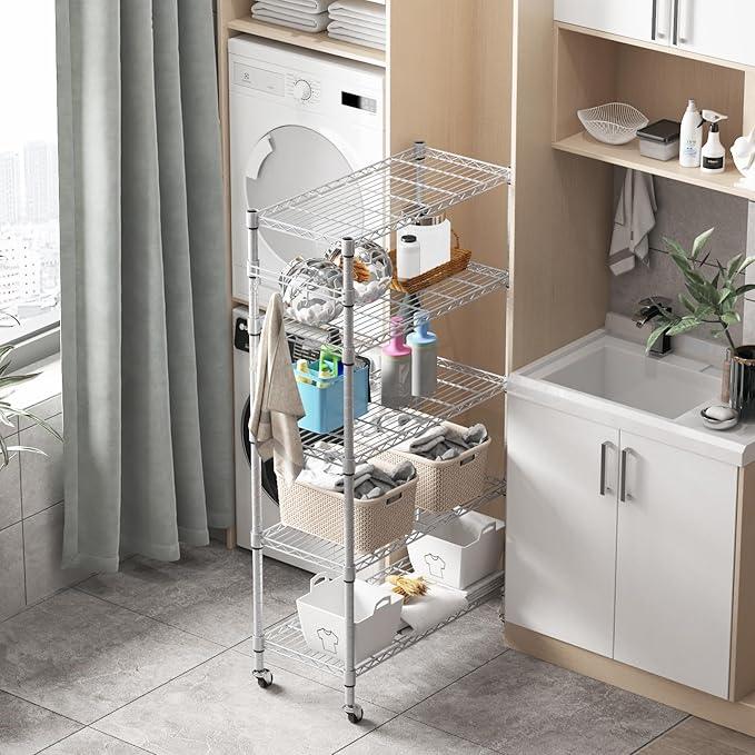 Homdox 5 Tier Adjustable Rolling Storage Shelves, Heavy Duty Wire Racks and Shelving, Metal Shelves for with Side Hooks Pantry Closet Kitchen Garage Organization, Silver Gray - ModernBath