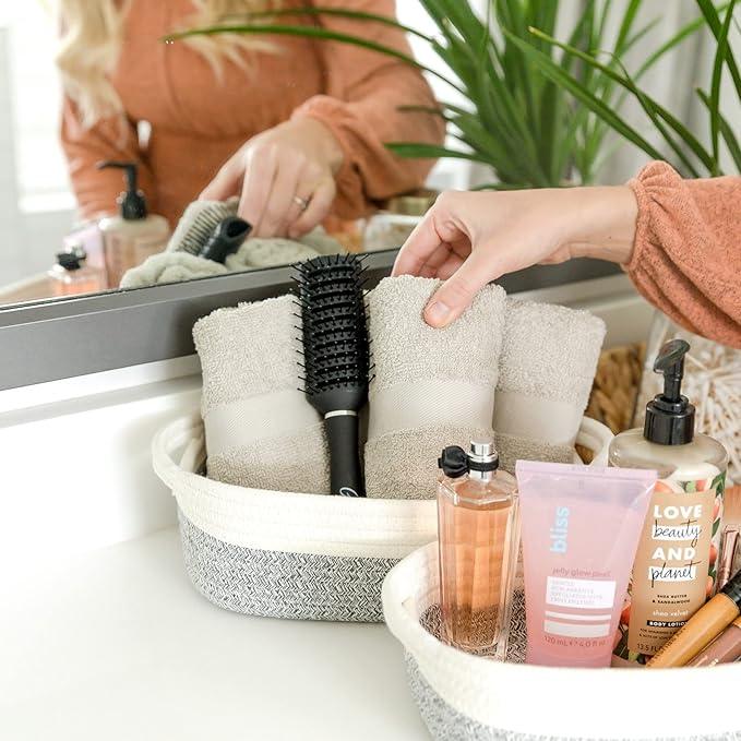 NaturalCozy 5-Piece Rectangle Storage Basket Set- Natural Cotton Rope Woven Baskets for Organizing! Small Basket for Montessori, Baby Nursery, Dog Toy Baskets, Cat Toy Box, Bathroom Organization Bin - ModernBath