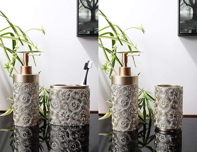 Hymmah Bathroom Accessories Set,Golden Design Toothbrush Holder,Farmhouse Bathroom Decor,4 Pcs Resin Gift Set Apartment Necessities, Contain Toothbrush Cup,Soap Dispenser,Soap Dish,Tumbler - ModernBath