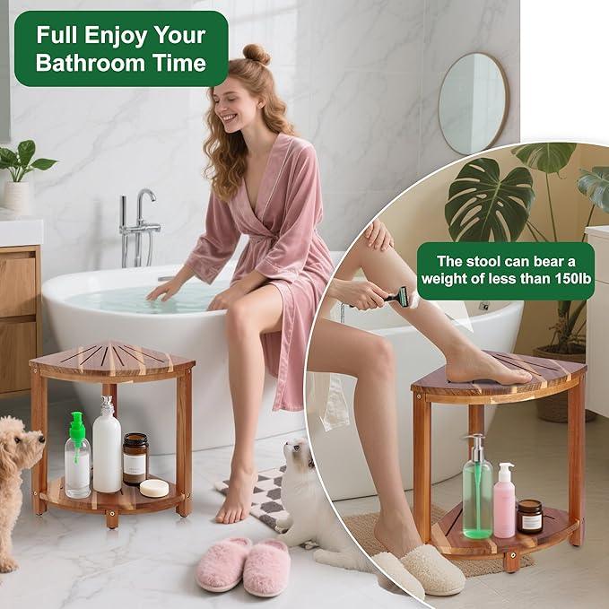 Bathroom Corner Shower Stool with Storage Shelf, Shower Feet Stool, Non-Slip Adjustable Feet Drain Holes, for Shaving Legs, SpacemSaving Shower Bench with Storage for Small Spaces - ModernBath