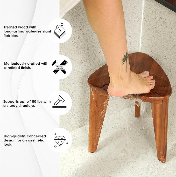 HOLANA 12" Corner Shower Foot Rest - Wooden Showers Stool Seat for Shaving Legs - Small Corner Shower Benches for Inside Shower - Waterproof Bath Step Stools Bench for Bathroom (Acacia Wood) - ModernBath